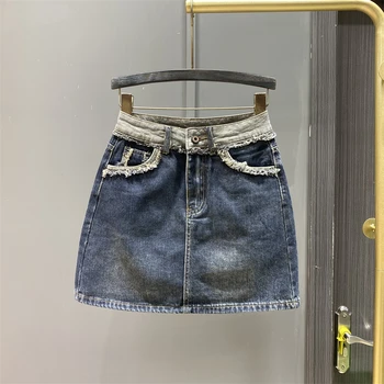 2023 Primavera Verão Cintura Alta Saia do Denim das Mulheres Desfiado Retro Linha Slim Anti-Exposição Elástico Saia Jeans Sexy Meninas de Saias