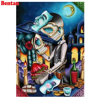 Diy Diamante Pintura Completa Quadrado redondo Broca 5D Cartoon crânio casal de Decoração de Parede de Arte de Bordar Ponto de Cruz, Presente de Halloween