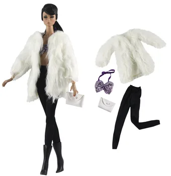 NK 4 Itens/ Set Boneca Casaco Branco+ Top+ Bolsa de Moda +Preto Trouseres Para a Boneca Barbie Acessórios de Menina Boneca Brinquedo Presente DIY