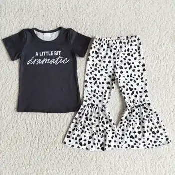 Preto letras tee meninas roupa preto e branco de estampa de leopardo sino inferior a moda de roupas infantis boutique de 2 peças de conjunto
