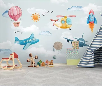 Nordic contratada pintado a mão dos desenhos animados de balão de aeronaves crianças da sala na parede do fundo 1