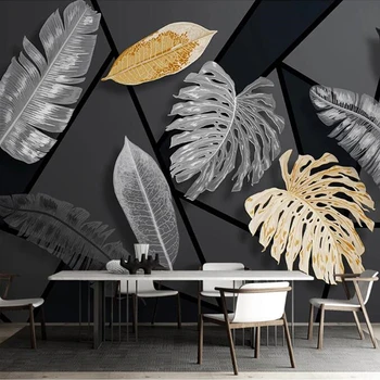 Personalizado Mural, Papel De Parede 3D Criativo Geométricas Planta de Folhas de papel de Parede Moderno Sofá da Sala de TV na Parede do Fundo, Abrangendo 1