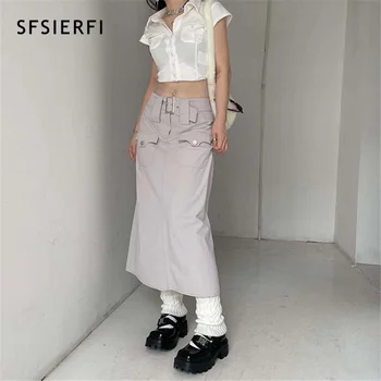 SFSIERFI Harajuku Cáqui Saias Longas Y2K Vintage Bolsos de Carga Midi, Saias Chique Mulheres coreano Moda Cintura Baixa Cinto Incluído Saia 2