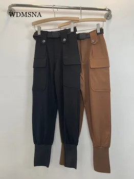 WDMSNA coreano Moda Cintura Alta Calças de Harém de Mulheres de Cor Sólida Bolsos Solto e Casual Calças 2022 Outono Inverno Calças com Cinto 2