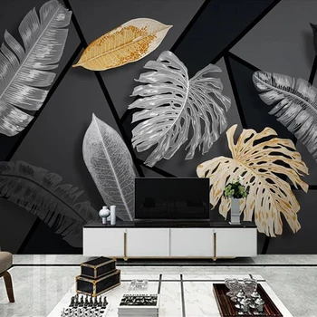 Personalizado Mural, Papel De Parede 3D Criativo Geométricas Planta de Folhas de papel de Parede Moderno Sofá da Sala de TV na Parede do Fundo, Abrangendo 3