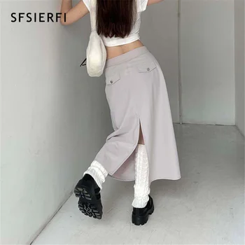 SFSIERFI Harajuku Cáqui Saias Longas Y2K Vintage Bolsos de Carga Midi, Saias Chique Mulheres coreano Moda Cintura Baixa Cinto Incluído Saia 3