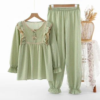 A primavera e o Outono Mulheres 100% Algodão Homewear Terno de Mangas compridas Japonês Pastoral Xadrez Laço Gola Fina Camisola 2pcs Pijama
