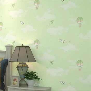 Cartoon de balão de ar quente verde para crianças, sala de não-tecido de papel de parede cor-de-rosa menina menino quarto de cabeceira papel de parede de fundo BEIBEHANG