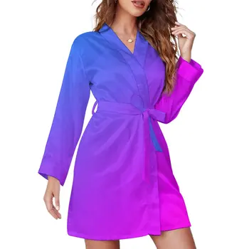 Cor-De-Rosa Miami Ombre De Pijama, Robe Azul Gradiente Casual, Roupão De Mangas Compridas, Decote Em V Padrão De Pijama Vestes Primavera Kawaii Vestidos