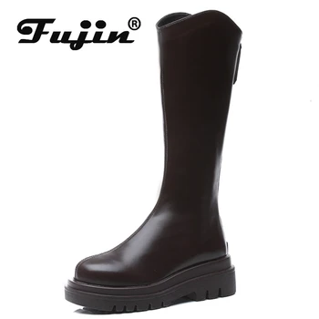 Fujin 6cm Brithish Microfibra Mulheres Joelho de Alta Chaminé Botas de Plataforma Cunha Zíper Outono, Inverno Moda feminina Altura Superior Sapatos