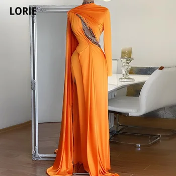 LORIE árabe Noite Vestidos de Gola Alta Frisado de Manga Longa do Lado de Divisão de Laranja Sereia Vestido de Baile Dubai Formal Vestido de Festa 2021