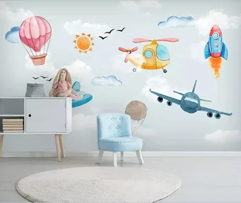 Nordic contratada pintado a mão dos desenhos animados de balão de aeronaves crianças da sala na parede do fundo 0