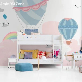 papel de parede branco cor-de-rosa quente balão de desenhos animados para quarto criança decoração da parede arte de parede papel de parede de arco-íris na nuvem de desconto rosa pálido azul