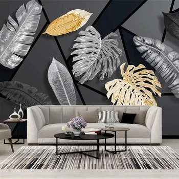 Personalizado Mural, Papel De Parede 3D Criativo Geométricas Planta de Folhas de papel de Parede Moderno Sofá da Sala de TV na Parede do Fundo, Abrangendo 0