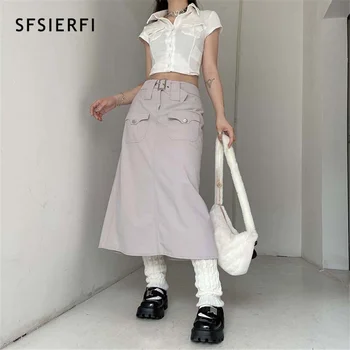 SFSIERFI Harajuku Cáqui Saias Longas Y2K Vintage Bolsos de Carga Midi, Saias Chique Mulheres coreano Moda Cintura Baixa Cinto Incluído Saia 0
