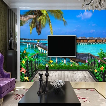 Personalizado com Foto de papel de Parede de Varanda de Madeira, Vista para o Mar 3D Mural Sofá da Sala de TV, Restaurante, Café Fundo de Parede Decoração Home 3D Fresco 1