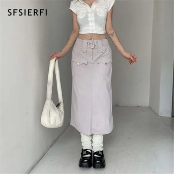 SFSIERFI Harajuku Cáqui Saias Longas Y2K Vintage Bolsos de Carga Midi, Saias Chique Mulheres coreano Moda Cintura Baixa Cinto Incluído Saia 1