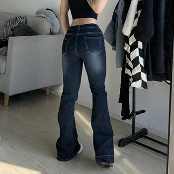 Jeans Flare Mulheres Calças de Cintura Baixa Estética Vintage Denim, Calças de Streetwear Mãe Casual coreano Moda Cyber Y2k Grunge Jeans 2