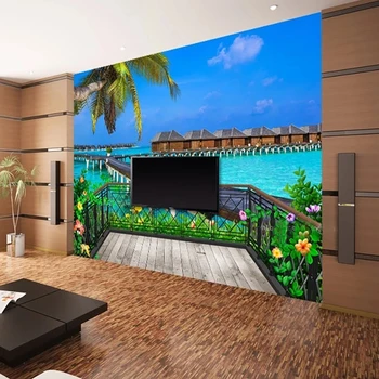 Personalizado com Foto de papel de Parede de Varanda de Madeira, Vista para o Mar 3D Mural Sofá da Sala de TV, Restaurante, Café Fundo de Parede Decoração Home 3D Fresco 2